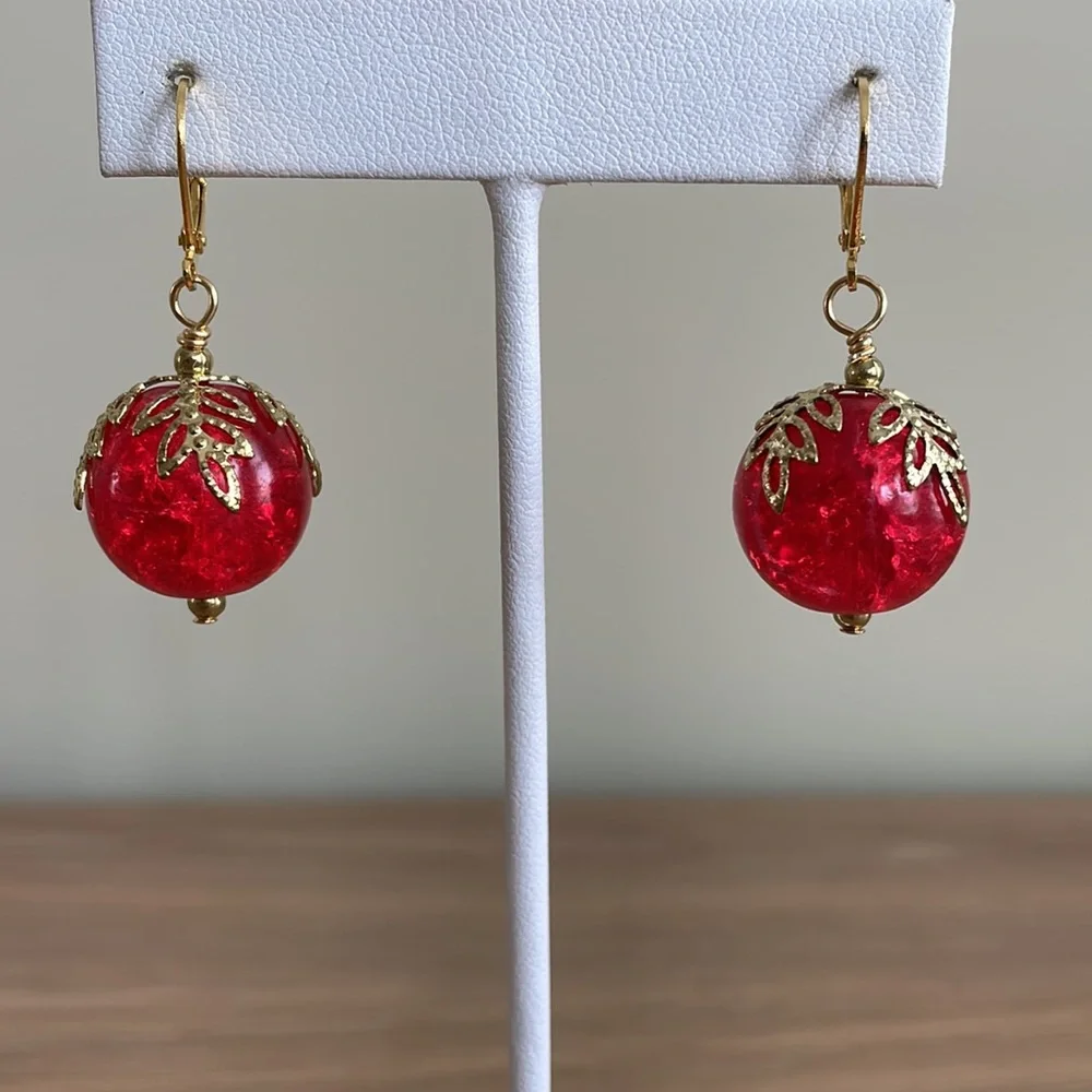 HAND CRAFTED EARRINGS Big Red Glass Marbles Gold Plated